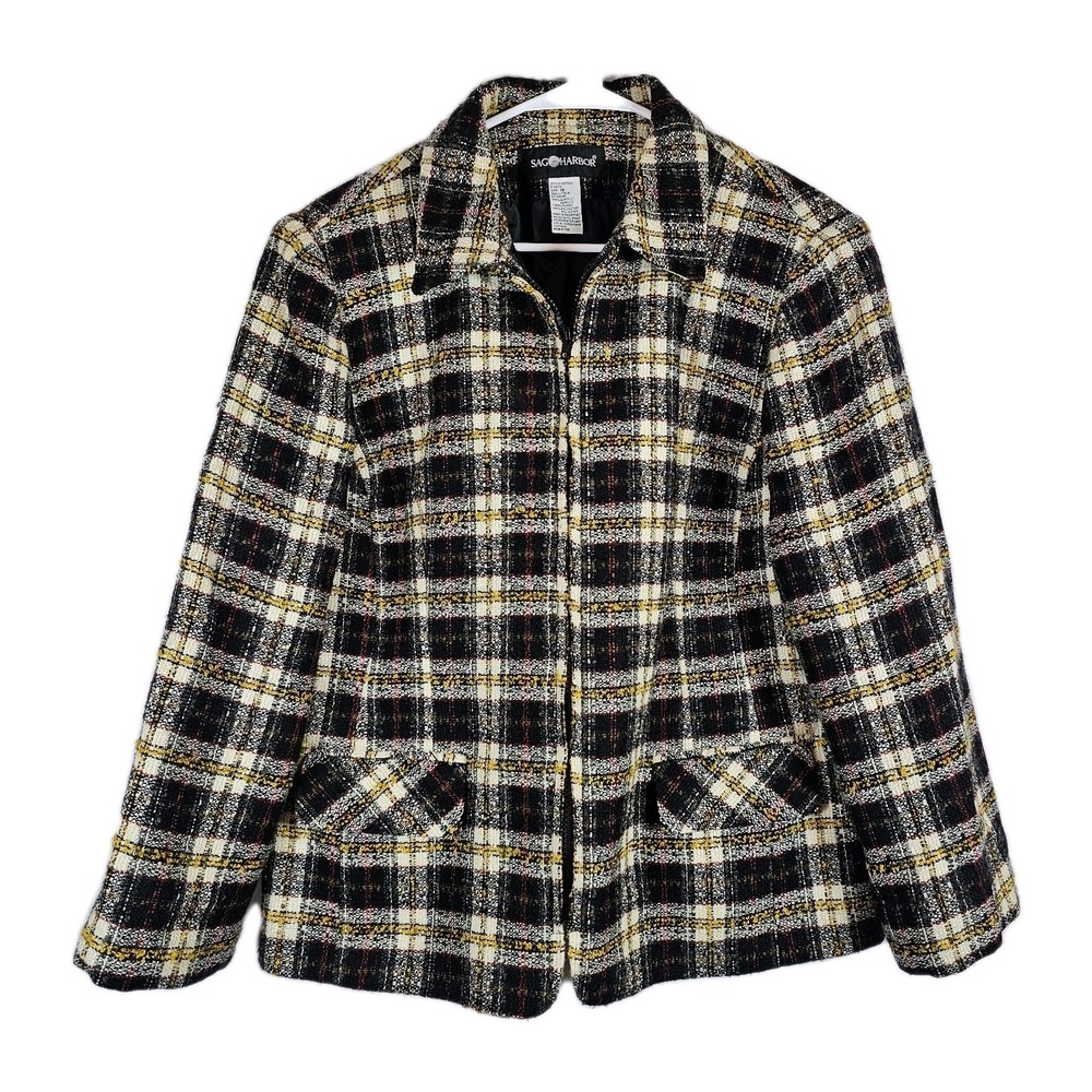 Vtg Sag Harbor Blazer Women 18 Plaid Tweed Career Lined Zip Pockets Jacket